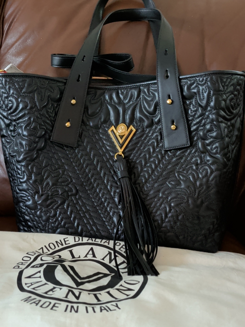 Valentino Orlandi Black Quilted Leather Tote with Gold Hardware and Tassel